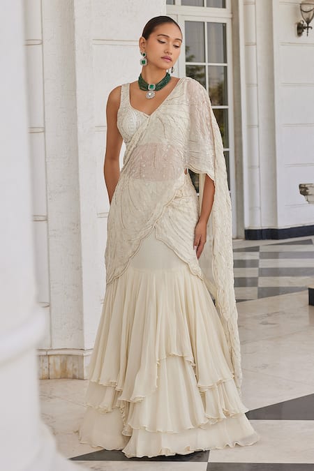 Charu And Vasundhara_Ivory Organza, Chiffon, Silk Soha Tiered Lehenga Saree With Embroidered Blouse _Online_at_Aza_Fashions