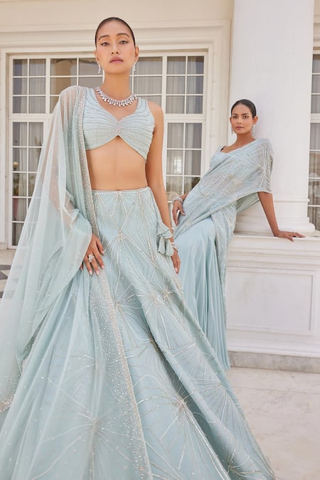 Shop_Charu And Vasundhara_Blue Net Sequins, Beads Asymmetric Stasia Diamond Pattern Bridal Lehenga Set _Online_at_Aza_Fashions