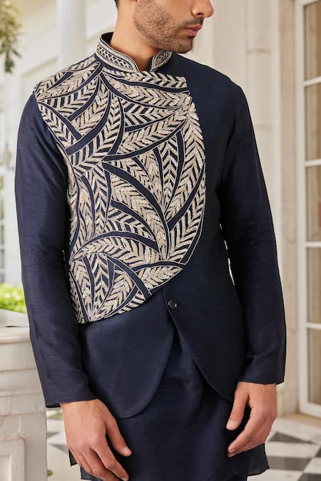 Charu And Vasundhara_Blue Silk, Polyester Beads, Sequins, Cut Navy Embroidered Bundi And Kurta Set _Online_at_Aza_Fashions