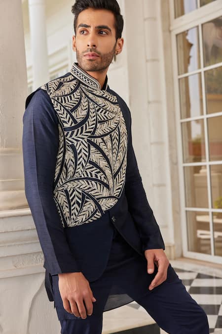 Buy_Charu And Vasundhara_Blue Silk, Polyester Beads, Sequins, Cut Navy Embroidered Bundi And Kurta Set _Online_at_Aza_Fashions