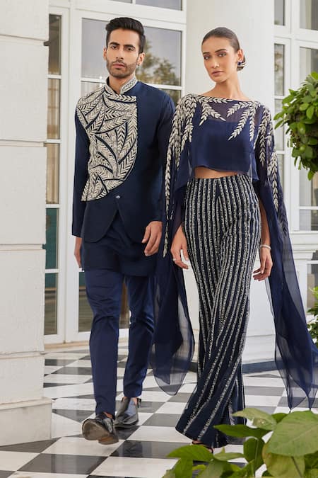 Shop_Charu And Vasundhara_Blue Silk, Polyester Beads, Sequins, Cut Navy Embroidered Bundi And Kurta Set _Online_at_Aza_Fashions