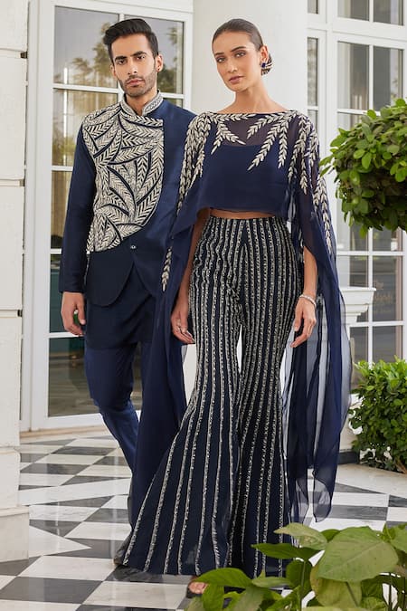 Charu And Vasundhara_Blue Silk, Polyester Beads, Sequins, Cut Navy Embroidered Bundi And Kurta Set _at_Aza_Fashions