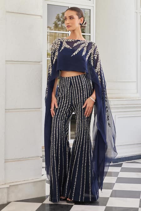 Charu And Vasundhara_Blue Silk, Net, Organza Beads, Embroidery Sabuhi Leaf Poncho And Flared Pant Set _Online_at_Aza_Fashions