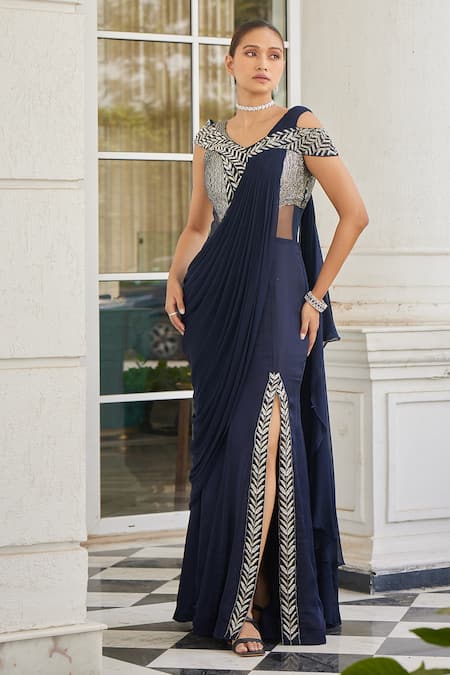 Charu And Vasundhara_Blue Net, Satin, Chiffon Beads, Cut Navy Embroidered Pre-draped Saree Gown _Online_at_Aza_Fashions