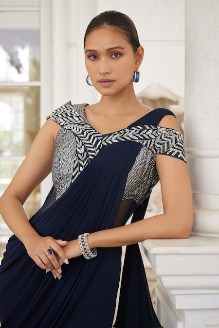 Shop_Charu And Vasundhara_Blue Net, Satin, Chiffon Beads, Cut Navy Embroidered Pre-draped Saree Gown _Online_at_Aza_Fashions