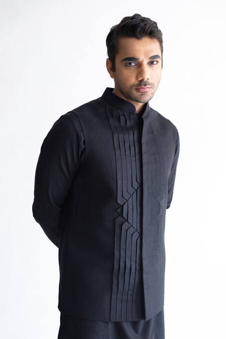 Kaha_Black Linen Embroidery Nehru Jacket_Online_at_Aza_Fashions