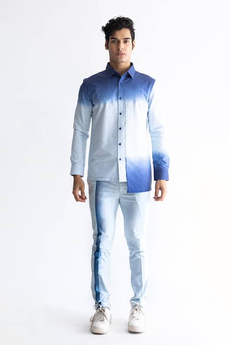 Buy_Kaha_Blue 100% Cotton Slub Solid Ombre-dyed Asymmetrical Shirt_Online_at_Aza_Fashions