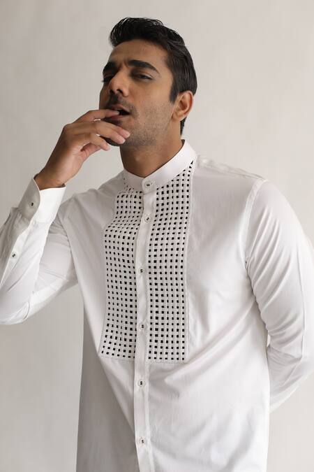 Kaha_White Italian Cotton Plain Perforated Yoke Shirt_Online_at_Aza_Fashions