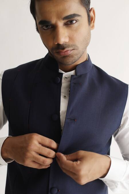 Kaha_Blue Satin Box Pleated Nehru Jacket_Online_at_Aza_Fashions