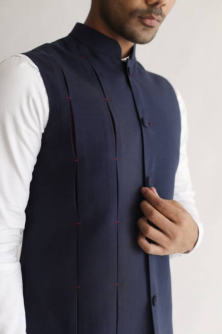 Buy_Kaha_Blue Satin Box Pleated Nehru Jacket_Online_at_Aza_Fashions