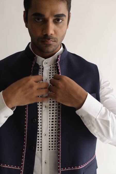 Kaha_Blue Linen, Cotton Satin, Chanderi Embroidery Thread Nehru Jacket_Online_at_Aza_Fashions