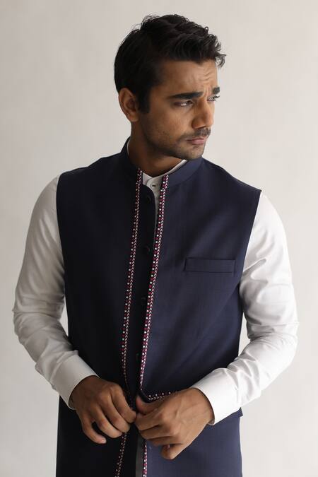 Buy_Kaha_Blue Linen, Cotton Satin, Chanderi Embroidery Thread Nehru Jacket_Online_at_Aza_Fashions