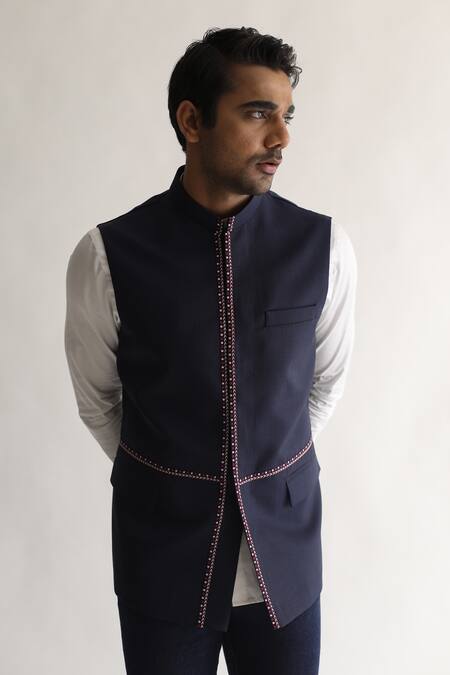 Shop_Kaha_Blue Linen, Cotton Satin, Chanderi Embroidery Thread Nehru Jacket_Online_at_Aza_Fashions