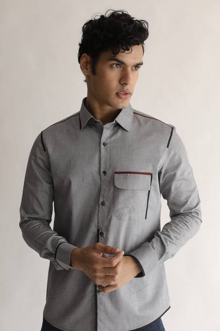 Shop_Kaha_Grey Cotton Plain Reviver Contrast Piping Detail Shirt_at_Aza_Fashions