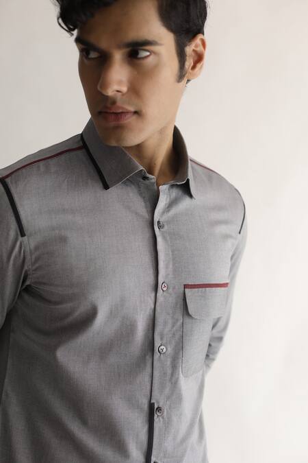 Kaha_Grey Cotton Plain Reviver Contrast Piping Detail Shirt_Online_at_Aza_Fashions