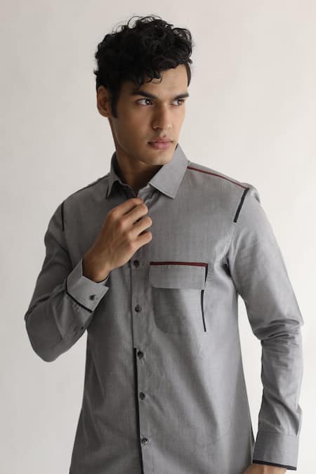 Buy_Kaha_Grey Cotton Plain Reviver Contrast Piping Detail Shirt_Online_at_Aza_Fashions