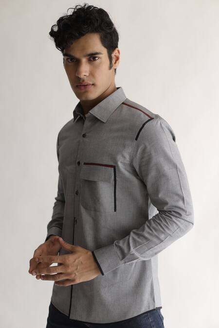 Shop_Kaha_Grey Cotton Plain Reviver Contrast Piping Detail Shirt_Online_at_Aza_Fashions