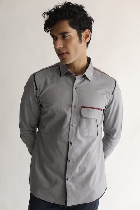 Kaha_Grey Cotton Plain Reviver Contrast Piping Detail Shirt_at_Aza_Fashions