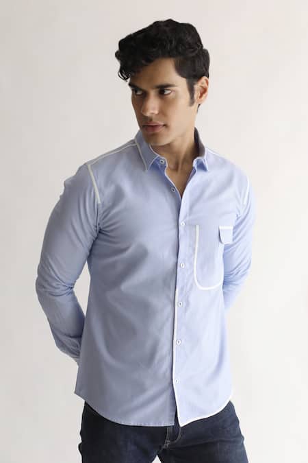 Kaha_Blue Cotton Brunch Contrast Piping Detail Shirt _Online_at_Aza_Fashions