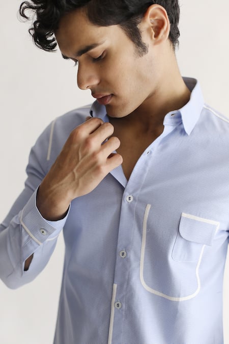 Buy_Kaha_Blue Cotton Brunch Contrast Piping Detail Shirt _Online_at_Aza_Fashions