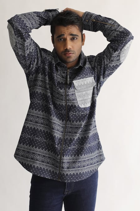 Kaha_Blue Denim Jacquard Aztec Motifs Shirt_Online_at_Aza_Fashions