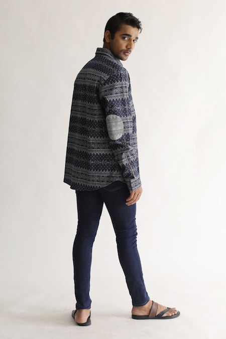 Buy_Kaha_Blue Denim Jacquard Aztec Motifs Shirt_Online_at_Aza_Fashions