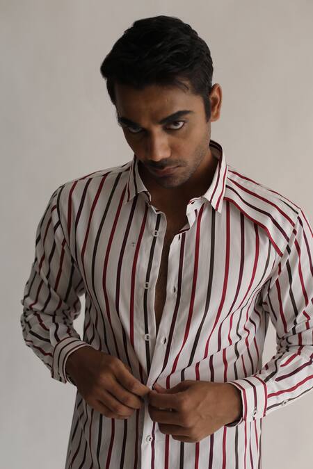 Kaha_White Italian Cotton Stripe Pattern Shirt_Online_at_Aza_Fashions