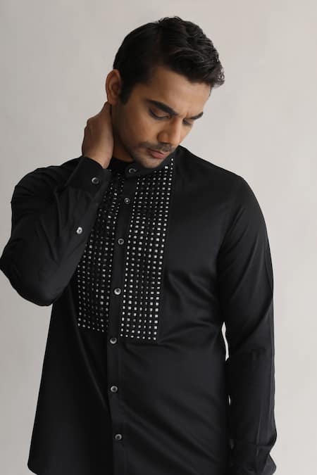 Kaha_Black 100% Italian Cotton Solid Band Collar Shirt_Online_at_Aza_Fashions
