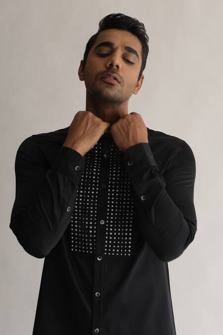 Buy_Kaha_Black 100% Italian Cotton Solid Band Collar Shirt_Online_at_Aza_Fashions