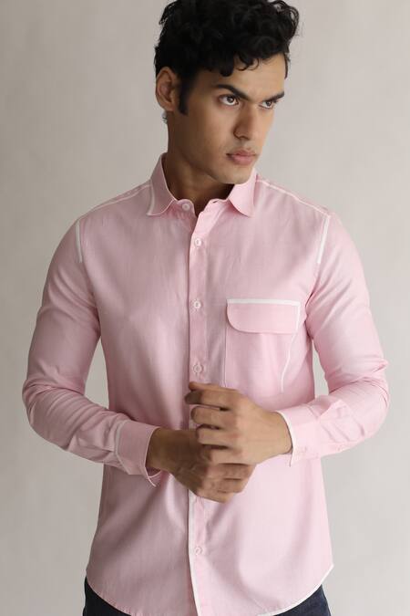 Kaha_Pink Italian Cotton Plain Brunch Contrast Piping Detail Shirt_Online_at_Aza_Fashions