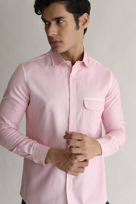 Buy_Kaha_Pink Italian Cotton Plain Brunch Contrast Piping Detail Shirt_Online_at_Aza_Fashions