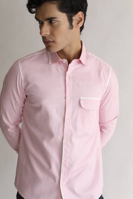 Shop_Kaha_Pink Italian Cotton Plain Brunch Contrast Piping Detail Shirt_Online_at_Aza_Fashions