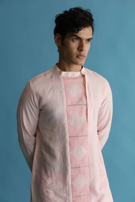 Kaha_Pink Linen Solid Kurta And Pant Set_Online_at_Aza_Fashions