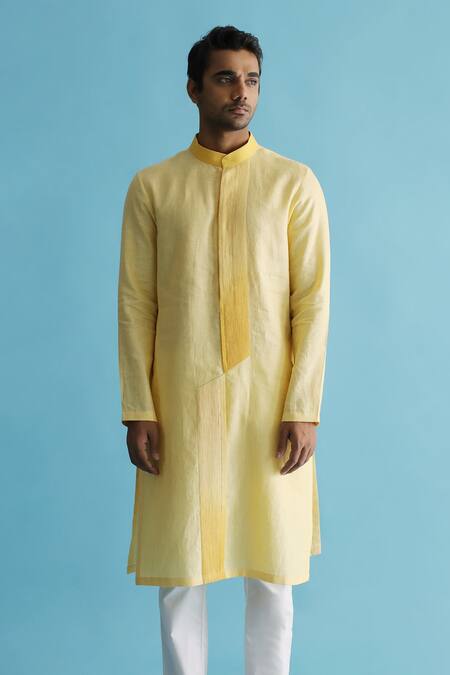 Kaha_Yellow Linen Pintuck Aurettay Detail Kurta With Pant_Online_at_Aza_Fashions