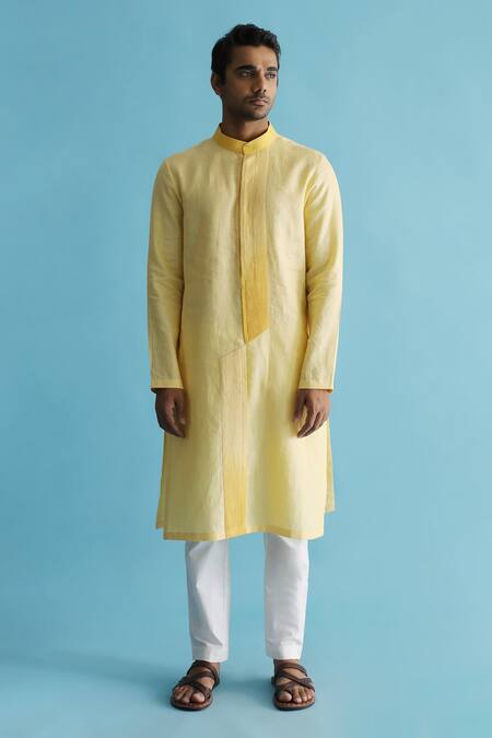Buy_Kaha_Yellow Linen Pintuck Aurettay Detail Kurta With Pant_Online_at_Aza_Fashions