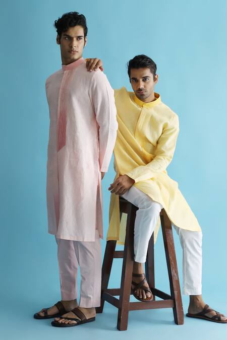 Shop_Kaha_Yellow Linen Pintuck Aurettay Detail Kurta With Pant_Online_at_Aza_Fashions