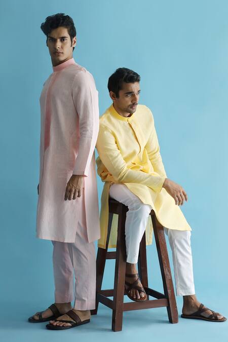 Kaha_Yellow Linen Pintuck Aurettay Detail Kurta With Pant_at_Aza_Fashions