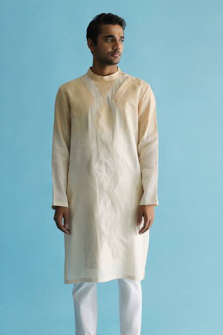 Kaha_Beige Linen Diamond Cutout Detail Kurta With Pant_Online_at_Aza_Fashions