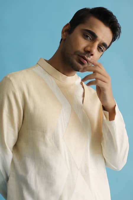 Buy_Kaha_Beige Linen Diamond Cutout Detail Kurta With Pant_Online_at_Aza_Fashions