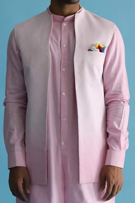Kaha_Pink Linen Ombre-dyed Nehru Jacket And Kurta Set_Online_at_Aza_Fashions