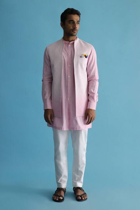 Buy_Kaha_Pink Linen Ombre-dyed Nehru Jacket And Kurta Set_Online_at_Aza_Fashions