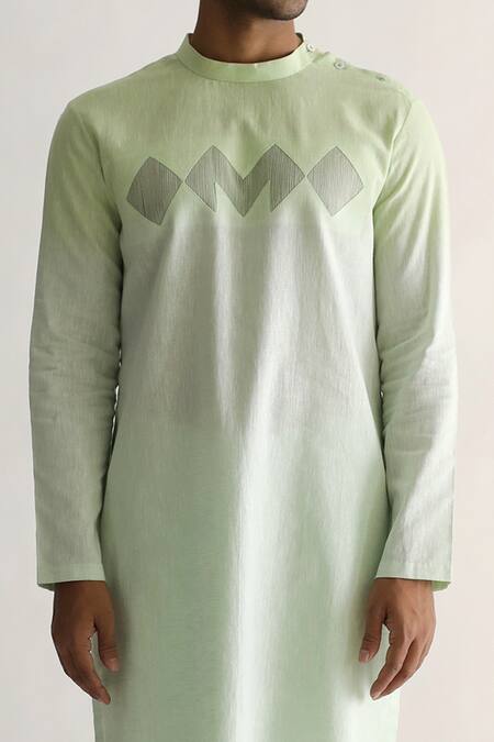 Kaha Green Linen Pintuck Berylg Geometric Detail Kurta With Pant Online at Aza Fashions Kaha_Green Linen Pintuck Berylg Geometric Detail Kurta With Pant_Online_at_Aza_Fashions