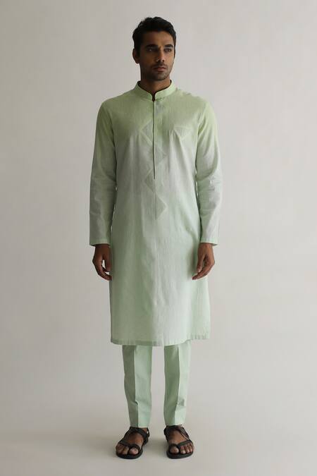 Kaha_Green Linen Triangle Pintuck Cutout Linneag Detail Kurta_Online_at_Aza_Fashions