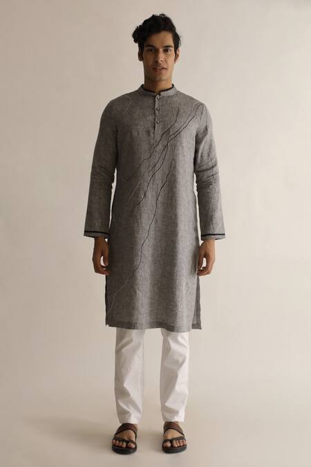 Kaha_Gray Linen Embroidery Thread Kurta Set_Online_at_Aza_Fashions