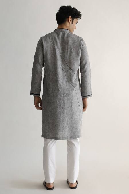 Buy_Kaha_Gray Linen Embroidery Thread Kurta Set_Online_at_Aza_Fashions