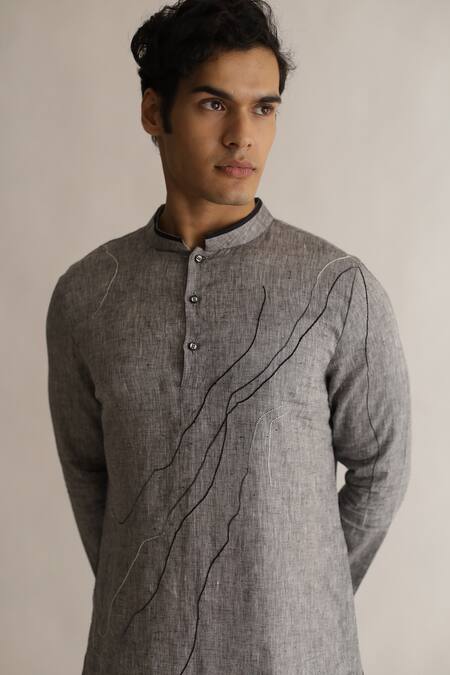 Shop_Kaha_Gray Linen Embroidery Thread Kurta Set_Online_at_Aza_Fashions