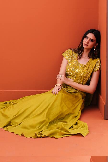 Kesar Studio_Green Silk Cut Work, Sequins Round Neck Lehenga Embroidered Blouse Set_Online_at_Aza_Fashions