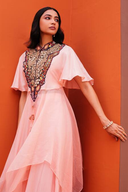 Buy_Kesar Studio_Pink Organza, Crepe Mirrors, Embroidery Mandarin Collar, Yoke Jacket Skirt Set_Online_at_Aza_Fashions