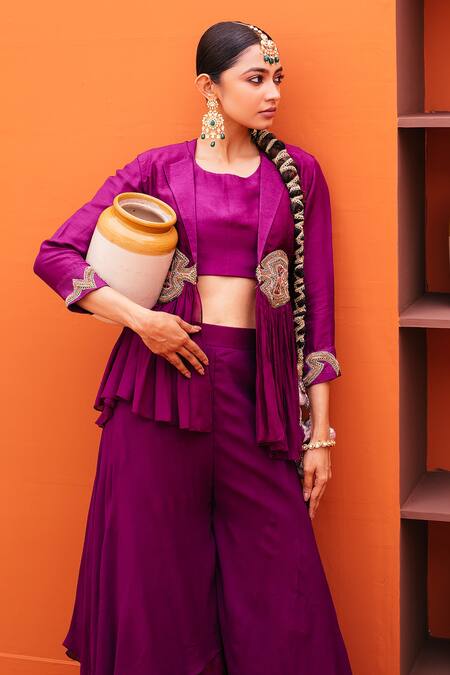 Kesar Studio_Purple Silk Embroidery Round Neck, Mandarin Peplum Jacket Layered Sharara Set_Online_at_Aza_Fashions