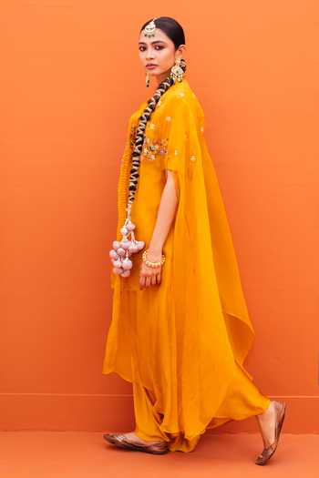 Kesar Studio_Yellow Organza, Silk, Crepe Embroidery Round Box Pleat Border Jacket Kurta Set_Online_at_Aza_Fashions